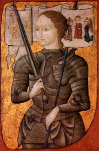 Jeanne d'Arc en una miniatura pintada entre 1450 y 1500 (Centre Historique des Archives Nationales, Paris, AE II 2490)
