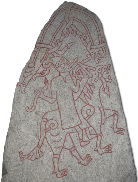 La bruja giganta Hyrrokkin a lomos de su lobo, al que guía con riendas que son serpientes. Piedra DR284 del Monumento de Hunnestad (Hunnestadsmonumentet), en Marsvinsholm, al sur de Suecia.