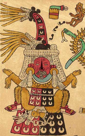 La diosa Tlazolteotl representada en el Códice Boturini. Lo que lleva colgando son pieles humanas, una vestimenta habitual entre las deidades náhuas