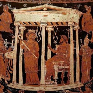 Orfeo delante de Perséfone y Hades. Crátera ateniense. Siglo IV a. C. Antikensammlungen, Munich