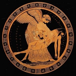 Eos recoge el cadáver de Memnón. Kylix ático (c. 485 a. C). Museo del Louvre, París (Louvre G115).