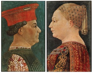 Francesco Sforza y Bianca Maria Visconti en dos paneles pintados por Bonifacio Bembo hacia el 1460 (Pinacoteca de Brera)