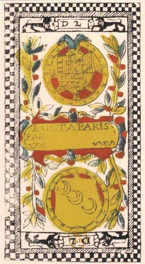 El dos de oros del tarot de París con la firma del naipero
