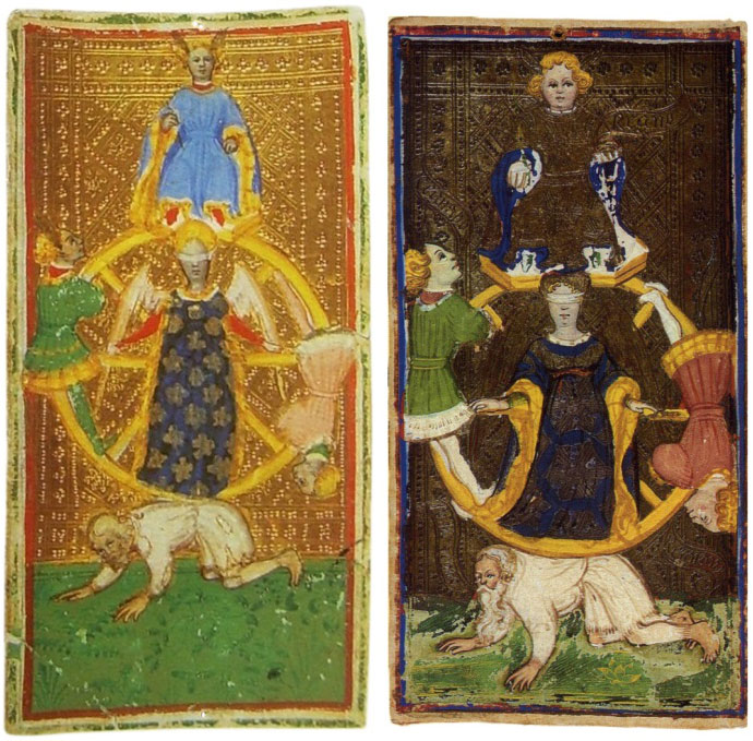 El triunfo de la Fortuna del tarot de Brera Brambilla (izquierda) y de Pierpont Morgan (derecha).