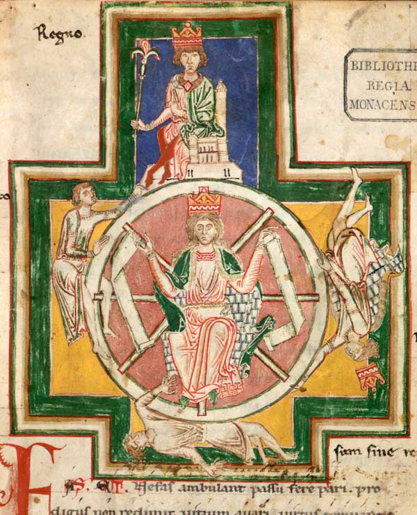 Ilustración del Codex Buranus, un recopilatorio del siglo XIII de los célebres cantos Carmina Burana, donde se aborda la cuestión de la fortuna en la línea cristiana propuesta por Boecio. 