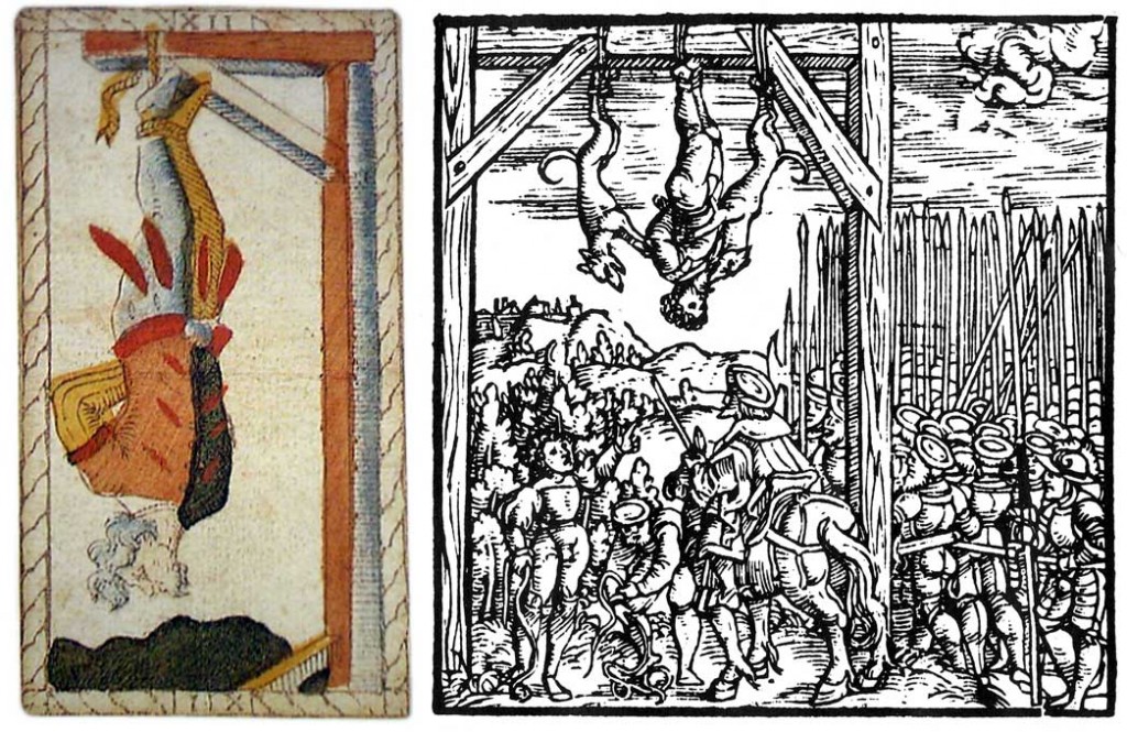 A la izquierda, el triunfo del Colgado en el tarot de Catelyn Geoffrey; a la derecha, un grabado con la ejecución de un judío en una edición de 1586 del Chronick wirdiger thaaten Beschreybung de Johannes Stumpf.