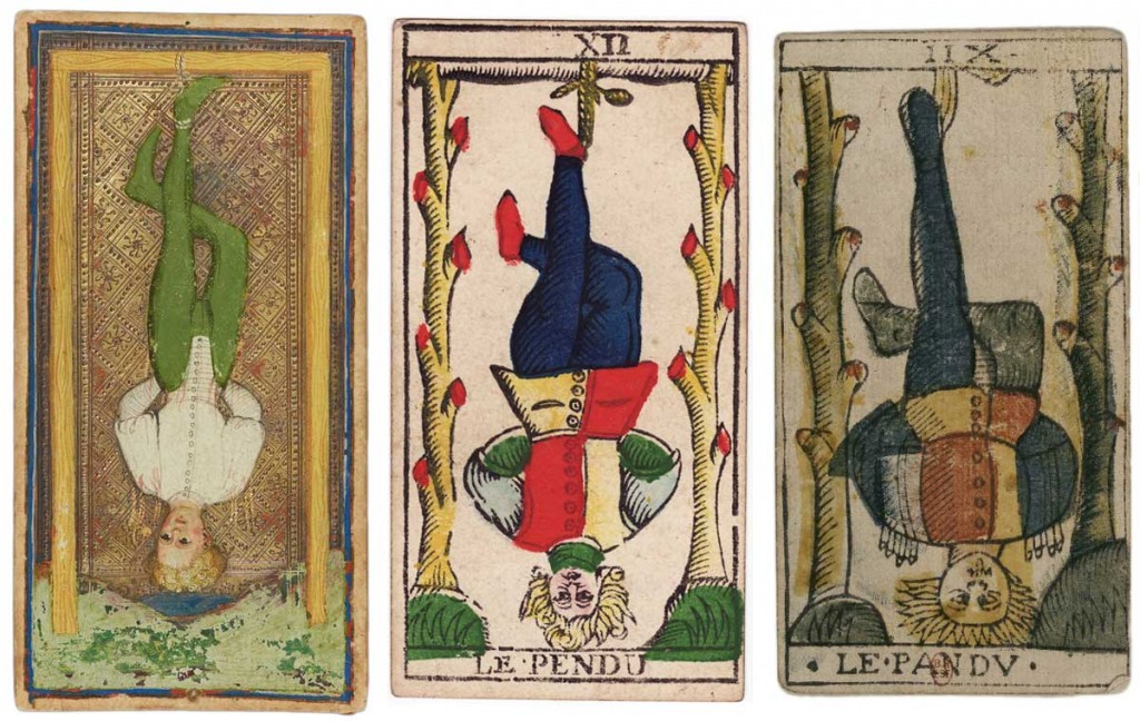 De izquierda a derecha, el triunfo del Colgado en el tarot de Pierpont Morgan, de Nicholas Conver y de Jean Dodal.
