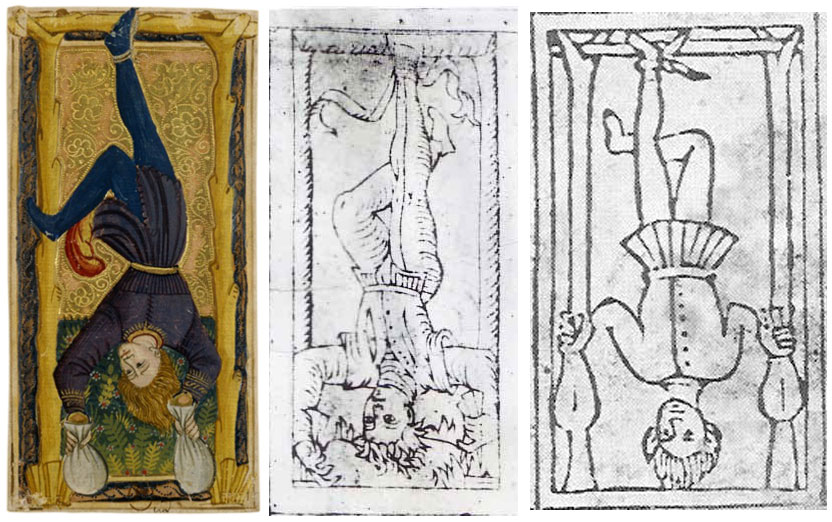 De izquierda a derecha, el triunfo del Colgado en el tarot de los Medici, en la hoja Rothschild y en la hoja Rosenwald. 