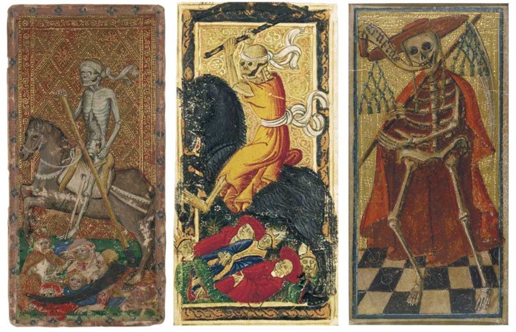 De izquierda a derecha, el triunfo de la Muerte del tarot de Cary Yale, de los Medici y del tarot Visconti-Sforza del Victoria and Albert Museum