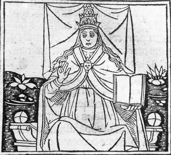 La papisa Giovanna en una edición ilustrada De claris mulieribus de Boccaccio (Foresti Iacobus Philippus, Bergomensis. 1497). Según Cadwell, sería la papisa del tarot la que habría influido en la iconografía de la papisa Giovanna en su versión sin niño.
