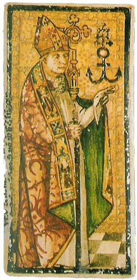 Un triunfo que podría ser el Papa del enigmático tarot de Goldschmidt, una colección de nueve cartas que se conserva en el Spielkartenmuseum de Leinfelden. 