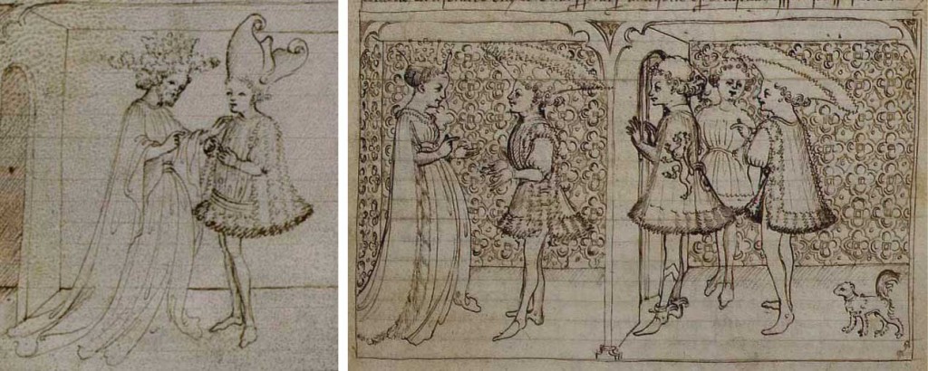 Dos escenas ilustradas por Bembo del Códice Palatino 556. Obsérvese que los tocados de los emperadores de las barajas visconteas no se parecen a las coronas que llevan el rey o la reina de estas ilustraciones, sino a los extraños sombreros en forma de abanico de los caballeros artúricos.