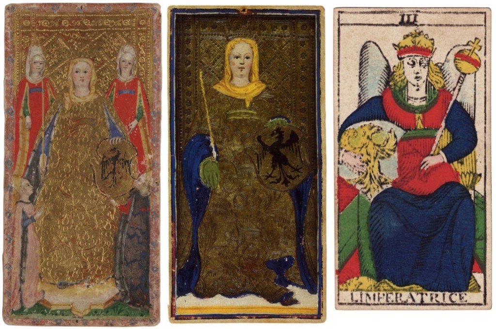 El triunfo de la Emperatriz. De izquierda a derecha, tarot de Cary Yale, de Pierpont Morgan y de Nicholas Conver.