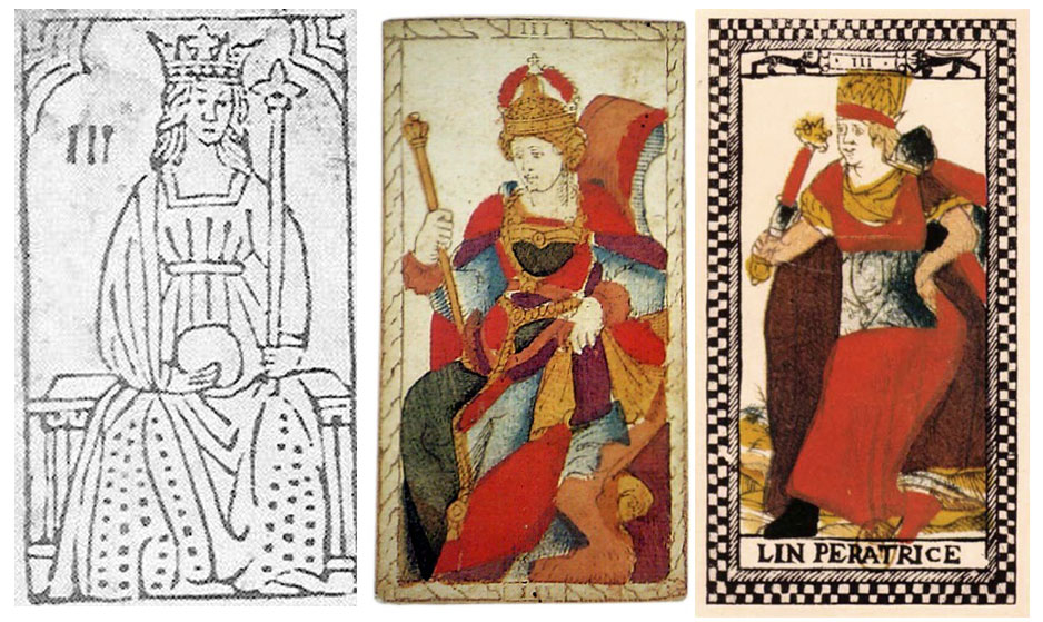 El triunfo de la Emperatriz. De izquierda a derecha, en la hoja de Rosenwald, el tarot de Catelin Geoffrey el tarot de París. 