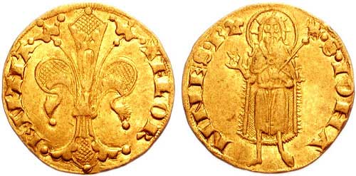 Florín de oro (1254-1533). Uno de los mayores alardes económicos de Florencia era el florín de oro, la moneda más estable de Italia y una de las más sólidas de Europa. Al igual que sucede hoy en día con el dólar, que se identifica con el imperio financiero estadounidense y sus derivadas políticas, esta moneda simbolizaba la fortaleza de Florencia. 