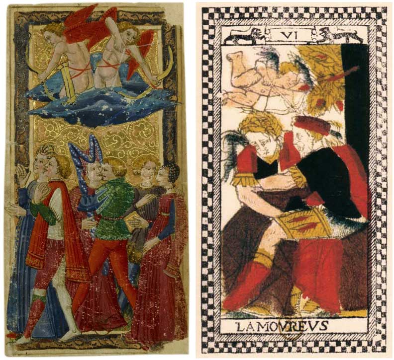 El triunfo del amor en el tarot de los Medici (izquierda) y el de París 