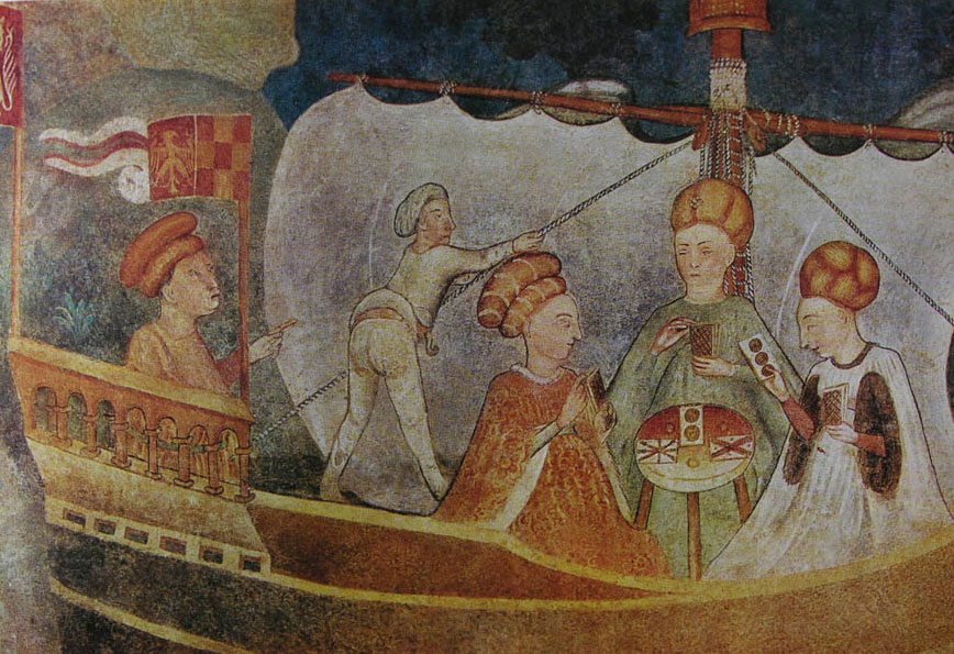Fresco de la sala degli svaghi (del ocio), en el castillo de Masnago, en Varese (Lombardía), pintado hacia 1450, en el que vemos a unas mujeres jugando a las cartas, indiferentes al hombre que las señala con un dedo recriminador. El fresco hoy se encuentra en una colección privada en Roma. 