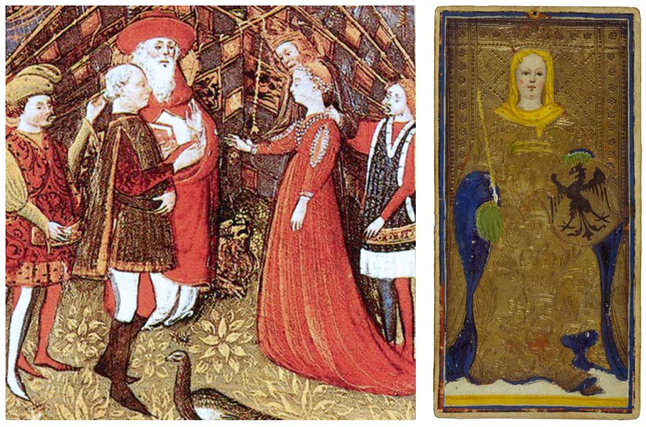 Izquierda: Ilustración de la cubierta del acta de fundación de la nueva abadía de san Sigismondo, en la cual se muestra el momento en que Bianca y Francesco intercambiaron los anillos durante su boda. Derecha: la reina de bastos del tarot de Pierpont Morgan. Obsérvese el color verde de la blusa.