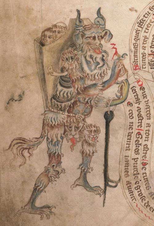 La imagen del Diablo llevando a los condenados al Infierno en una cesta a la espalda fue habitual en la Edad Media. No tengo claro aún si de ahí se deriva el hombre del saco. British Library, Add MS 47682 (detalle del f. 11v). c. 1327-1335.