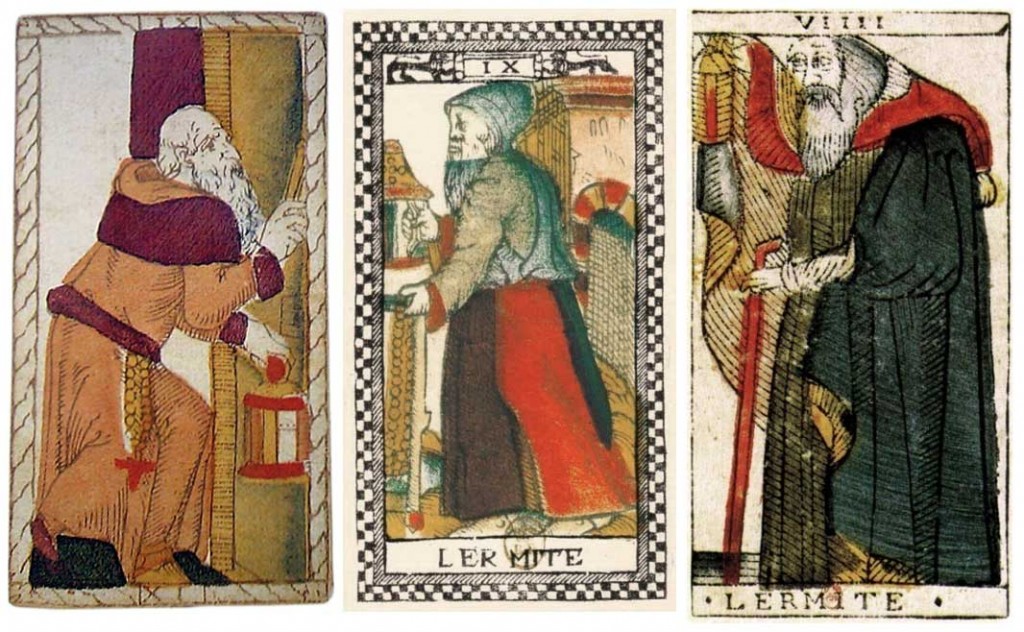 De izquierda a derecha, el triunfo del Ermitaño en el tarot de Catelin Geofrey, de París y de Jean Dodal.
