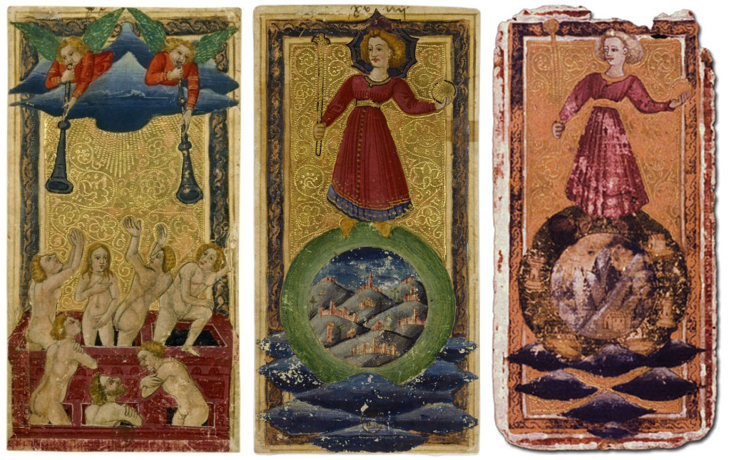 De izquierda a derecha, los triunfos del Juicio y el Mundo del tarot de los Medici y el triunfo del Mundo en el tarot de Alessandro Sforza, uno de los cuatro que se han conservado.