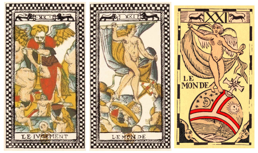 De izquierda a derecha, el triunfo del Juicio y del Mundo del tarot de París y el triunfo del Mundo en el tarot belga de Vanderborre.