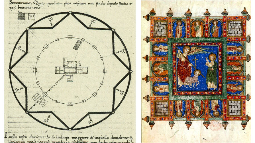 Izquierda, plano de la ciudad de Sforzinda. Derecha, la Jerusalén celestial en una ilustración del Apocalipsis del Beato de Liébana (siglo VIII). 