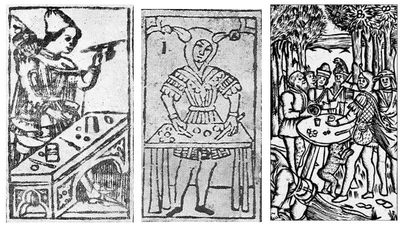 De izquierda a derecha, el triunfo del Mago en la hoja de Cary, de Rosenwald y un grabado de finales del siglo XV en el que se muestra un loco realizando trucos de magia ante el público. 