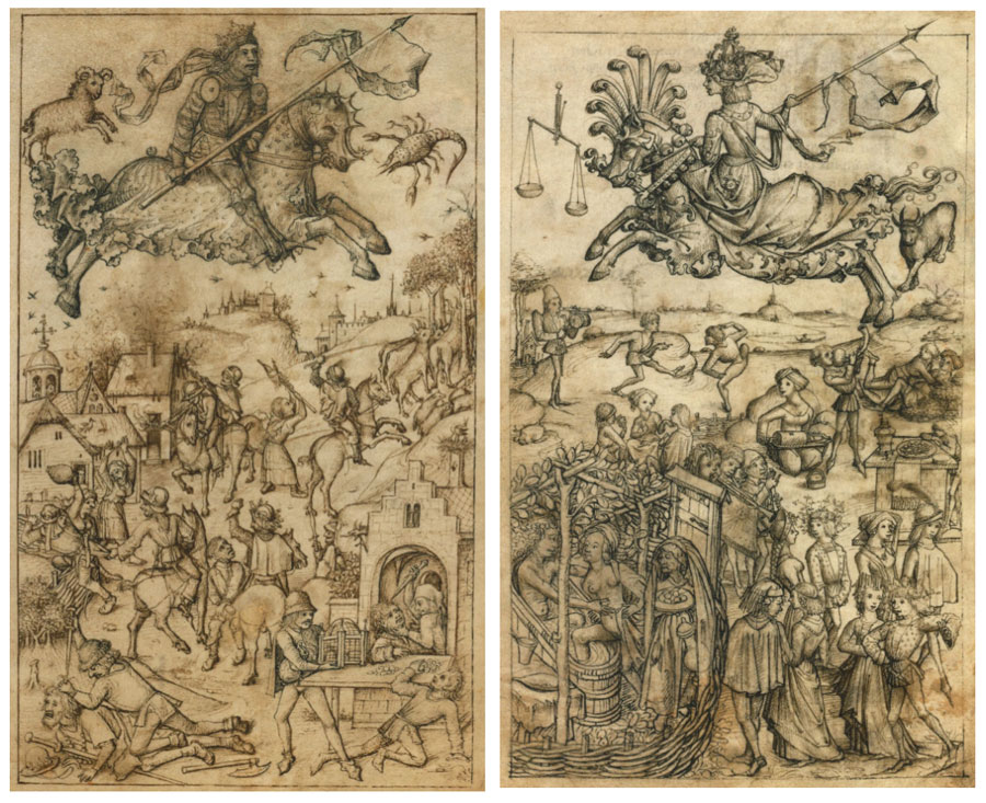 Master of the Hausbuchs (1475). Los belicosos hijos de Marte (izquierda) y los alegres hijos de Venus (derecha). Las ilustraciones sobre los hijos de los planetas, muy en boga desde finales del siglo XV, se basan en los planteamientos de la astrología judiciaria. 