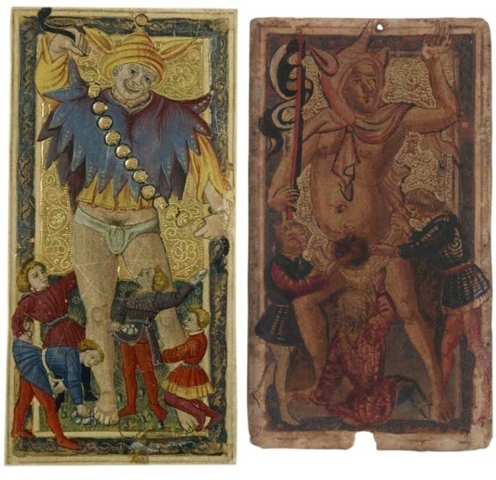 El triunfo del Loco en el tarot de los Medici (izquierda) y en el de Ercole de Este (derecha).