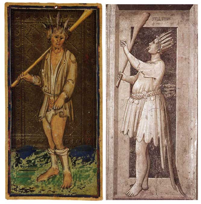El triunfo del Loco en el tarot de Pierpont Morgan (izquierda) y la alegoría de la locura en la Capilla de los Scrovegni (derecha). 